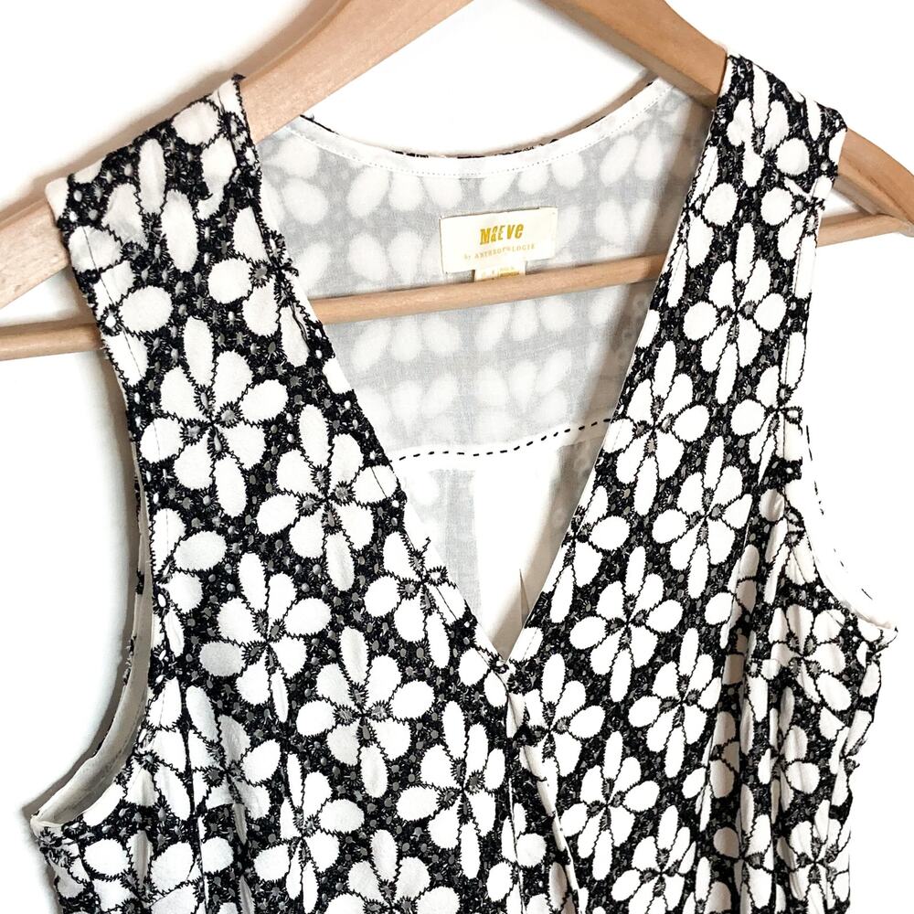 Anthropologie Maeve Daisy Print Sleeveless Blouse Size 2 Black White V Neck - Picture 3 of 10